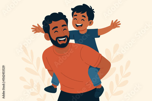 Joyful Indian father carrying son on back, playful family bonding, happy parenting, modern flat vector illustration, fatherhood, childhood fun, parent and child relationship concept