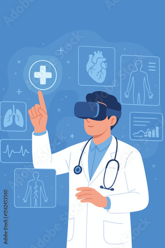 Futuristic healthcare technology concept. Doctor in lab coat using virtual reality headset, interacting with digital medical interface, patient diagnosis, telemedicine, innovation in modern medicine