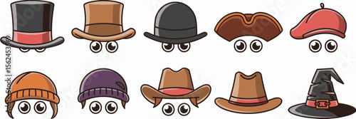 Vector icon set of expressive cartoon and minimal style hats