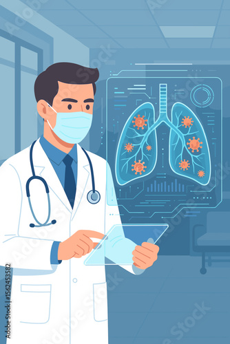 Doctor Diagnosing Covid-19 Infection in Human Lungs Using Futuristic Virtual Interface, Medical Technology, Coronavirus Spread, Digital Healthcare Concept in Modern Hospital Setting