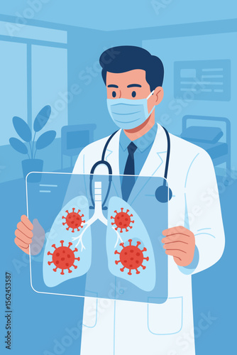 Doctor Diagnosing Covid-19 Infection in Human Lungs with Virtual X-Ray, Coronavirus Spread, Medical Healthcare Concept, Hospital Interior, Respiratory Disease, Pandemic Diagnosis Illustration