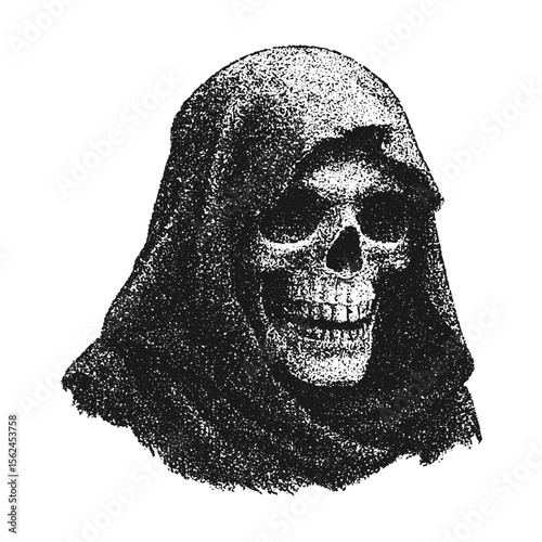 Creepy Halloween skull collage element with vintage stippling photocopy effect. Retro vector illustration for psychedelic surreal poster, with experimental grunge dotted texture
