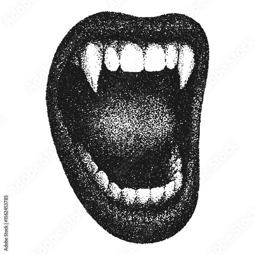 Mouth in scream, collage element with vintage stipple photocopy effect, with retro grainy texture. Vector illustration for grunge psychedelic surreal poster or tattoo in 90s aesthetic.