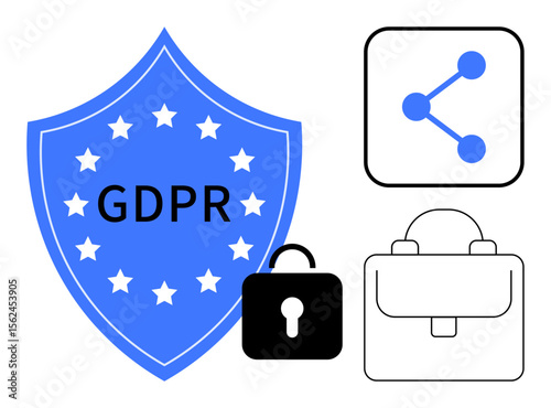 GDPR shield with stars, padlock for security, network sharing icon, and briefcase symbolizing compliance, privacy, and data management. Ideal for legal, security, tech education business