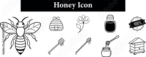 Collection of stylized black and white honey related icons including a bee beehive flower bottle honey dipper and quality badge isolated on transparent background