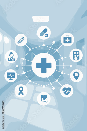 Medical technology network concept with healthcare icons, hospital background, digital health interface, telemedicine, doctor, pharmacy, diagnostics, treatment, modern vector illustration