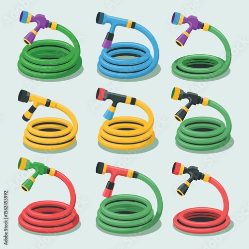 Collection of colorful garden hoses with spray nozzles on a light background