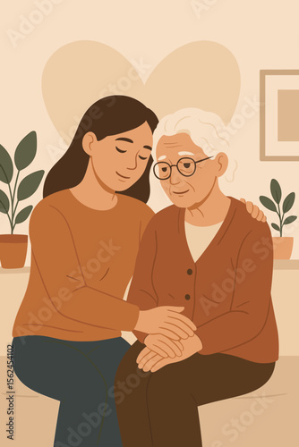 Elderly care support concept. Adult daughter comforting senior mother. Family love, support, mental health, intergenerational relationship, home care. Flat vector illustration. Cozy interior.