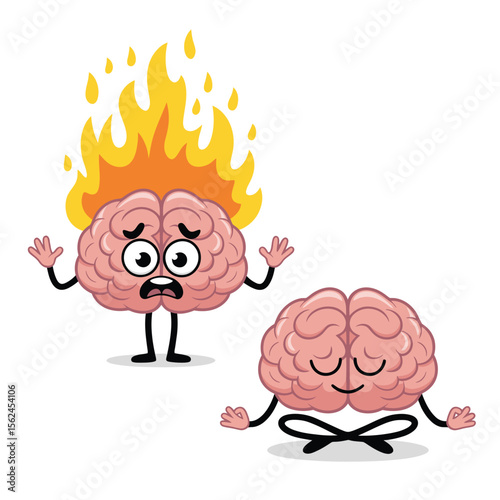Cartoon brain on fire stressed out next to calm brain meditating peacefully