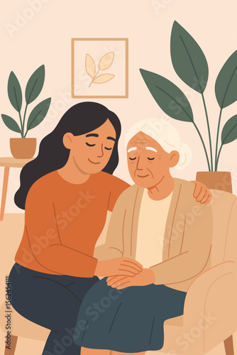 Loving daughter comforting elderly mother at home. Family support, intergenerational care, mental health awareness, senior assistance, emotional connection. Modern flat vector illustration.