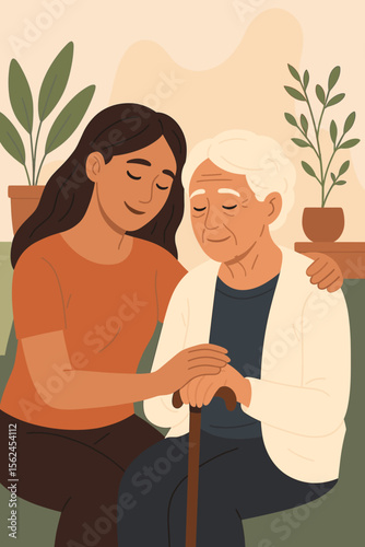 Elderly care support concept. Young woman comforting senior mother. Family love, intergenerational connection, mental health, home caregiver, compassion, modern flat vector illustration, cozy interior
