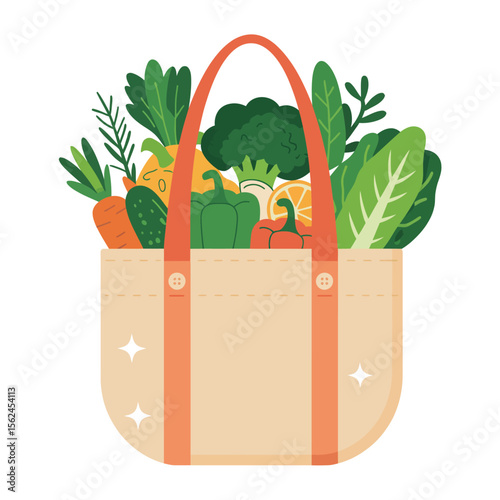 Illustration of a reusable tote bag overflowing with fresh colorful healthy vegetables and fruits