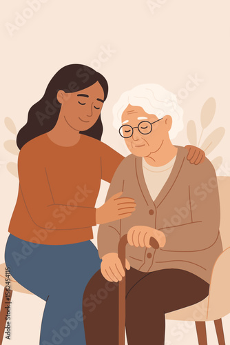 Elderly care support concept. Young woman comforting senior lady. Mental health, compassion, caregiver assistance, intergenerational relationship, family support, flat vector illustration.