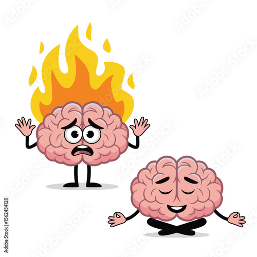 Stressed brain on fire next to calm brain meditating in zen