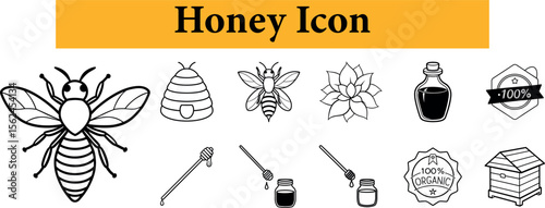 Collection of honey related icons featuring bees honeycomb flower honey jar and honey dipper isolated on transparent background