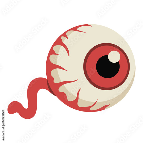 Cartoon eyeball with red veins and a curved stem on a white background