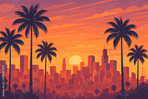Vibrant sunset skyline with palm trees silhouette, tropical American cityscape, panoramic metropolis, orange sky, urban landscape, summer evening, modern buildings, tranquil atmosphere