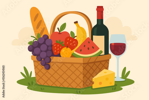 Picnic basket with grapes, strawberries, apple, banana, watermelon, baguette, cheese, wine bottle, glass. Romantic outdoor lunch food assortment in nature. Vector illustration