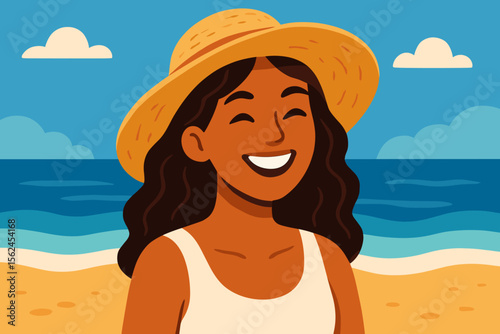 Summer beach woman with straw hat, wavy dark hair, white dress, enjoying seaside vacation. Modern flat vector cartoon illustration. Relaxation, travel, holiday, tropical ocean landscape