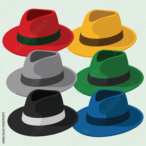 Collection of six colorful fedora hats arranged in two rows