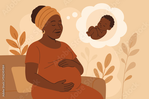 African pregnant woman dreaming of newborn baby, expecting mother with hand on belly, peaceful maternity, anticipation, motherhood, pregnancy journey, modern flat vector illustration