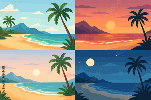 Tropical paradise beach landscapes set. Sandy coastline with palm trees, ocean waves, distant mountains. Day, sunset, sunrise, night scenes. Exotic seascape vector illustration collection.