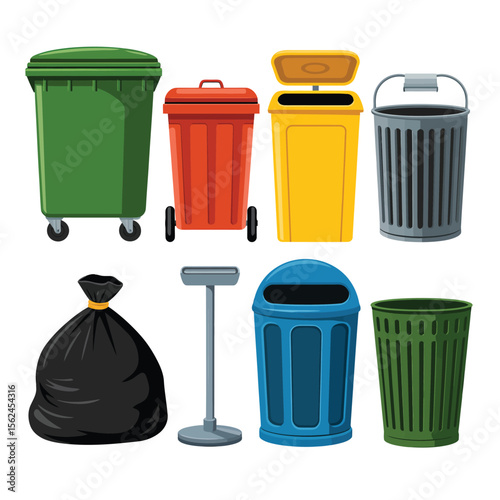 Collection of colorful trash cans and garbage bags for waste management and recycling