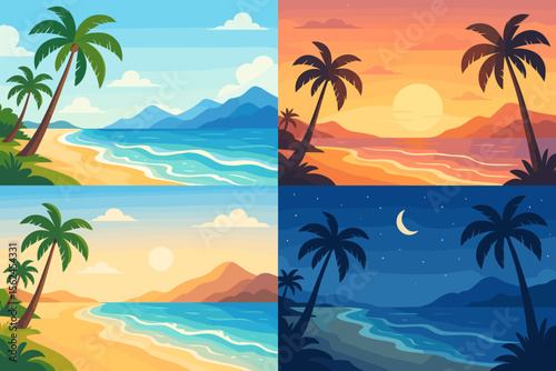 Tropical beach landscape set with palm trees, sandy coast, ocean waves, mountains, sunrise, sunset, daytime, and night. Paradise island seascape vector illustration for travel and vacation concepts