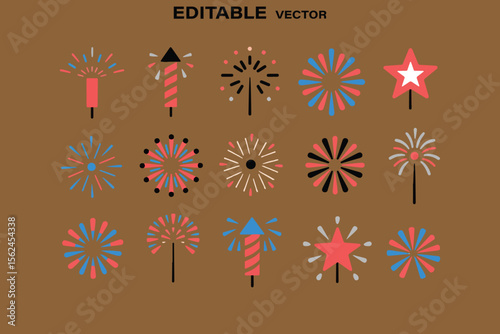Collection of flat design fireworks and sparklers in red blue and white on brown background