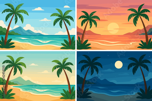 Tropical paradise beach landscapes set. Sandy coastlines with palm trees, ocean waves, distant mountains. Day, sunrise, sunset, night scenes. Exotic seascape vector illustration collection