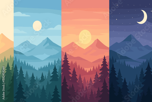 Mountain landscape vector set with sunrise, sunset, moonlight, and daytime scenes. Forest silhouettes, pine trees, mountain range backgrounds, nature at different times of day, scenic wilderness