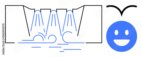 Dam with water streams and flowing waves near a smiling face conveying positivity, sustainability, and renewable energy. Ideal for energy, water, environment, technology, happiness, sustainability