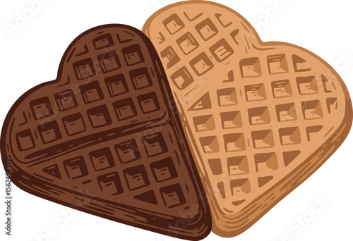 Heart shaped waffles in chocolate and vanilla flavors sweet breakfast treats vector illustration 