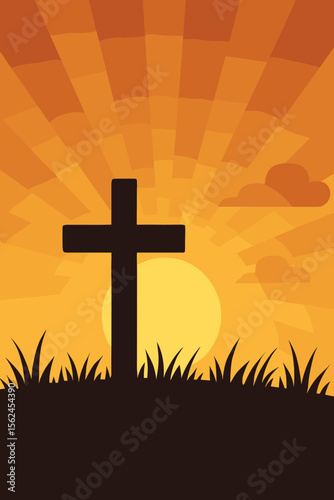 Christian cross silhouette on grassy hill at sunrise, radiant sunbeams, peaceful morning sky, clouds, faith, hope, resurrection, Easter, religious symbol, inspirational vector illustration
