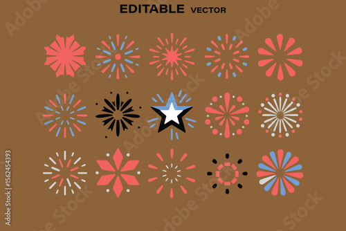 Collection of abstract starbursts and floral shapes in red blue and white on brown background