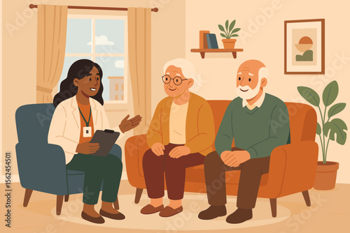 Social worker counseling senior couple at home visit. Elderly care, support, mental health consultation, social services, family therapy session. Modern flat vector illustration, cozy living room