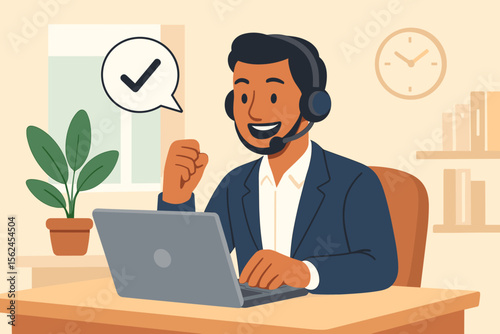 Confident customer service representative working remotely with headset at office desk, laptop, speech bubble with check mark, modern flat vector illustration, business communication success concept