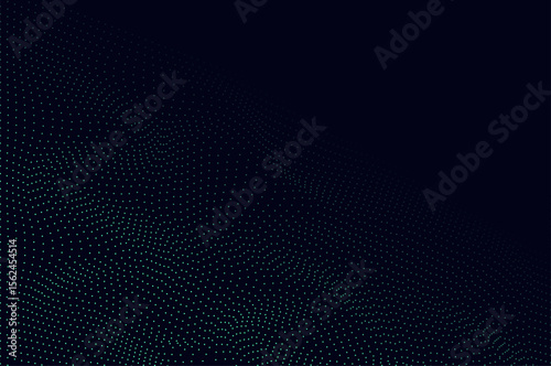 Mininalist Dynamic neon green particle wave line on dark blue abstract background. Abstract sound, data, tech visualization with copy space.