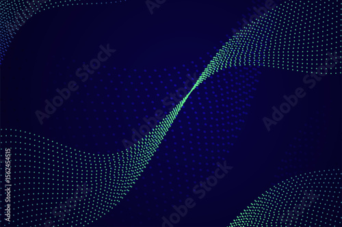 Mininalist Dynamic neon green particle wave line on dark blue abstract background. Abstract sound, data, tech visualization with copy space.