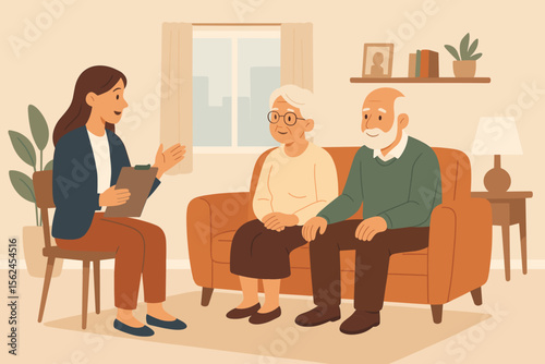 Social worker counseling senior couple at home. Elderly care support, mental health consultation, family therapy session, retirement assistance, flat vector illustration, cozy living room interior