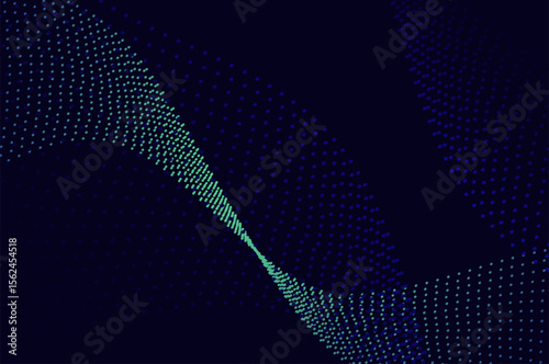 Mininalist Dynamic neon green particle wave line on dark blue abstract background. Abstract sound, data, tech visualization with copy space.