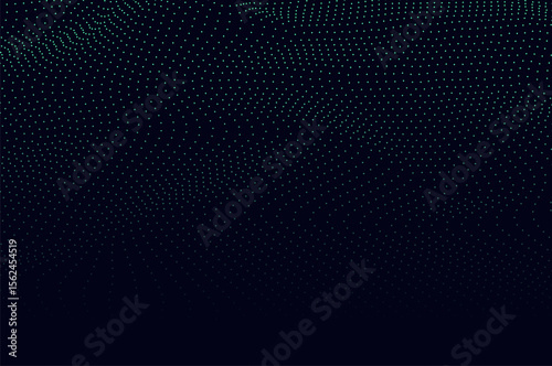 Mininalist Dynamic neon green particle wave line on dark blue abstract background. Abstract sound, data, tech visualization with copy space.