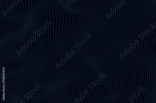 Mininalist Dynamic neon green particle wave line on dark blue abstract background. Abstract sound, data, tech visualization with copy space.