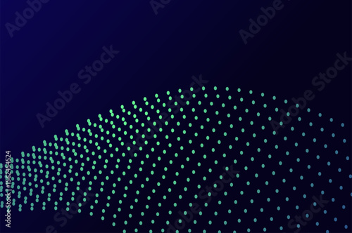 Mininalist Dynamic neon green particle wave line on dark blue abstract background. Abstract sound, data, tech visualization with copy space.