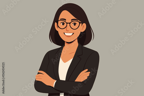 Confident businesswoman with arms crossed in modern flat style. Professional female leader in black blazer. Empowered executive woman illustration for corporate, office, career, workplace concepts