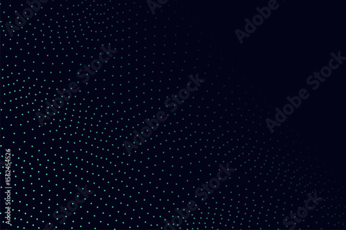 Mininalist Dynamic neon green particle wave line on dark blue abstract background. Abstract sound, data, tech visualization with copy space.