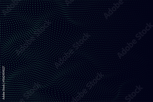 Mininalist Dynamic neon green particle wave line on dark blue abstract background. Abstract sound, data, tech visualization with copy space.