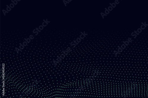 Mininalist Dynamic neon green particle wave line on dark blue abstract background. Abstract sound, data, tech visualization with copy space.