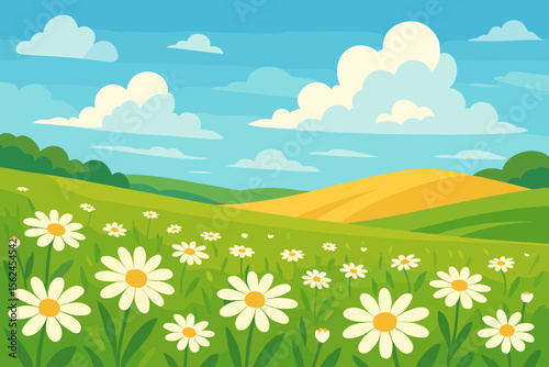 Summer chamomile flower field, blooming daisies in green meadows, yellow rolling hills, blue sky with fluffy clouds. Vibrant vector landscape illustration of countryside nature scenery