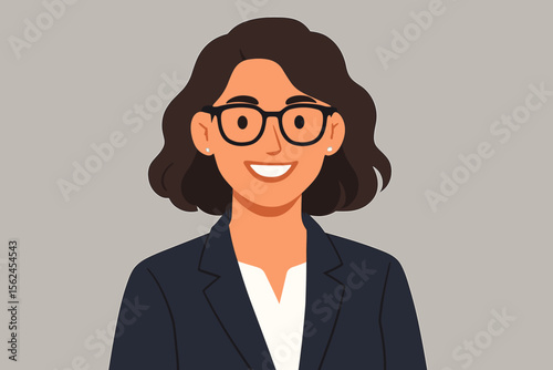 Professional businesswoman in dark blazer with short brown hair, modern flat vector illustration, confident female office worker, corporate employee, executive, leadership concept